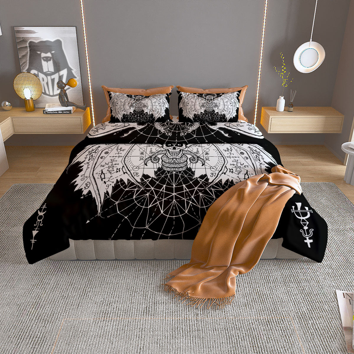 Wicca Devil Skull White And Black Print Duvet Cover Bedding Set