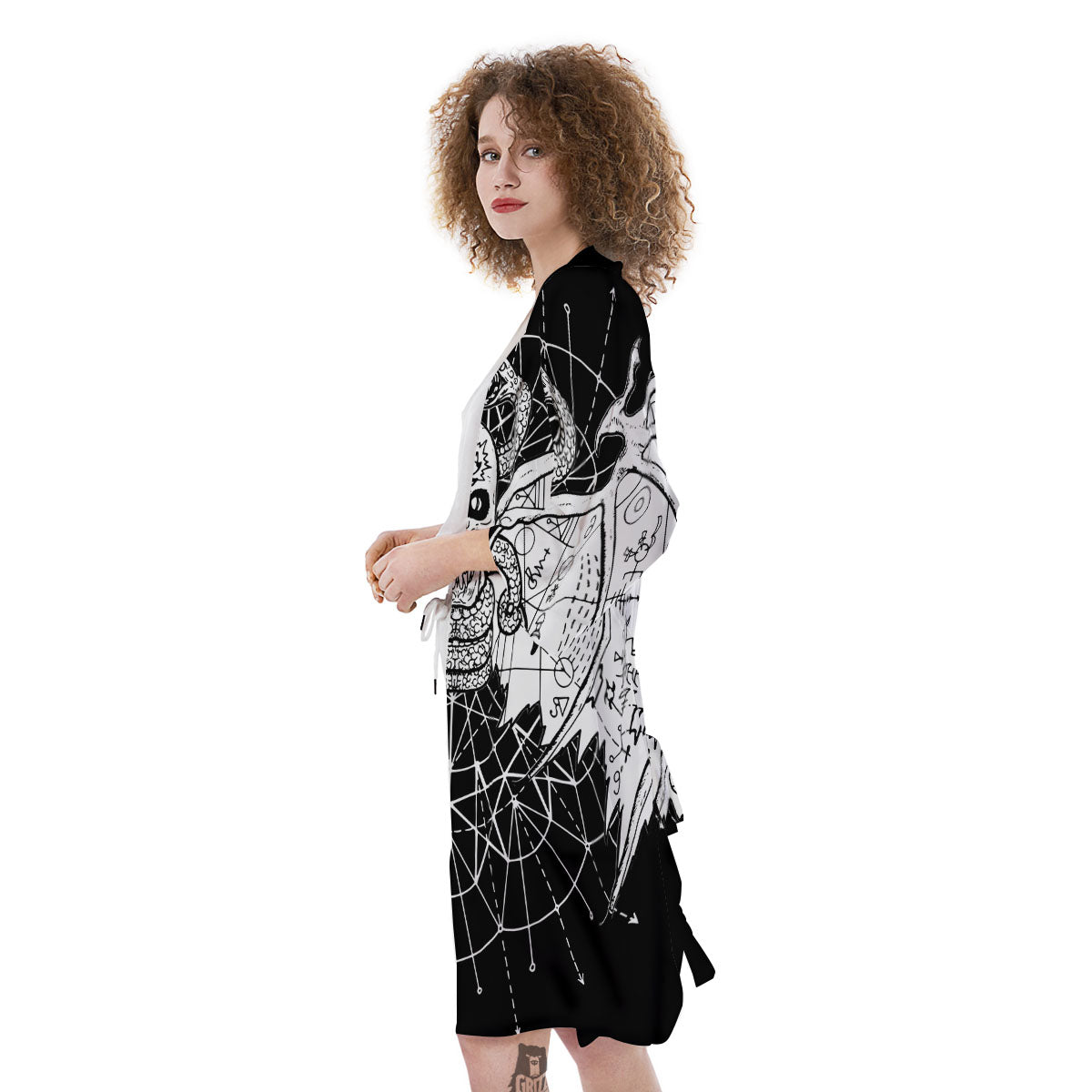 Wicca Devil Skull White And Black Print Kimono-grizzshop