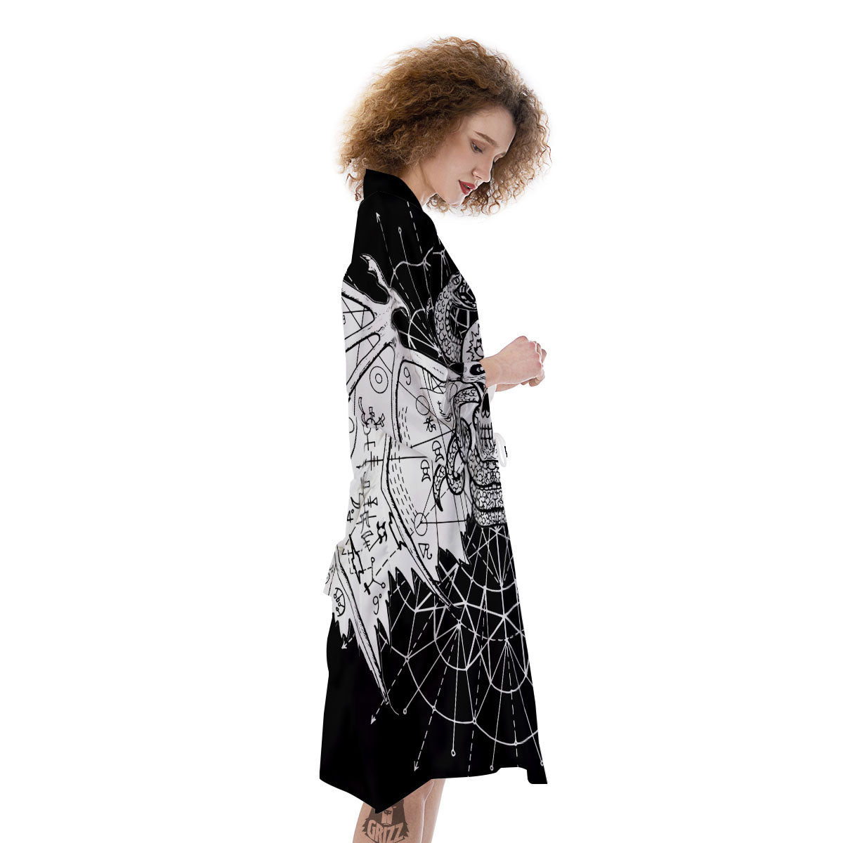 Wicca Devil Skull White And Black Print Kimono-grizzshop