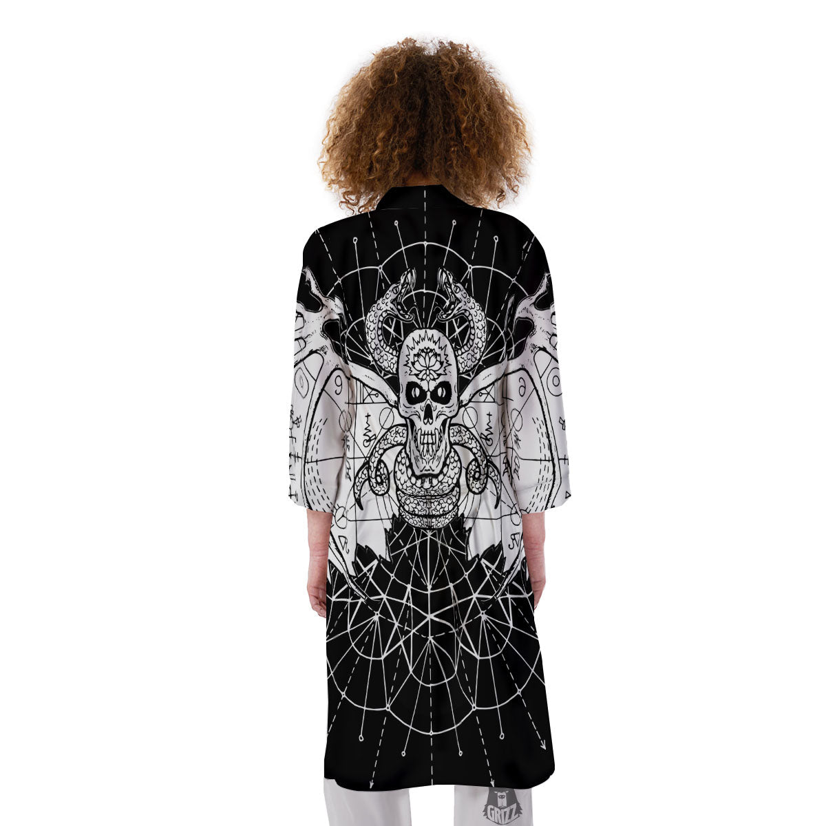 Wicca Devil Skull White And Black Print Kimono-grizzshop