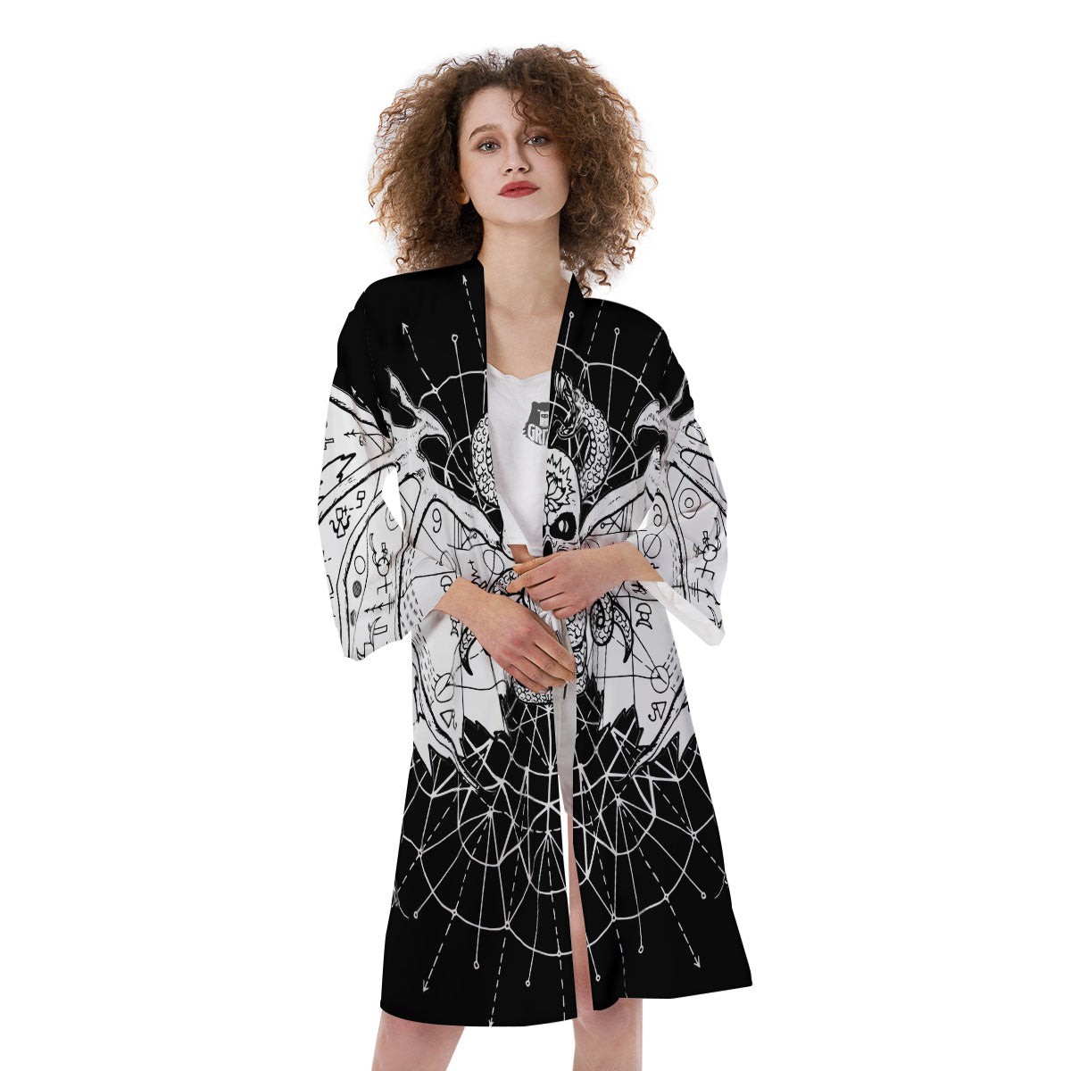 Wicca Devil Skull White And Black Print Kimono-grizzshop