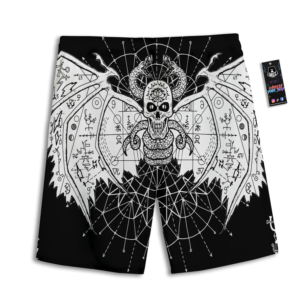 Wicca Devil Skull White And Black Print Men's Athletic Shorts