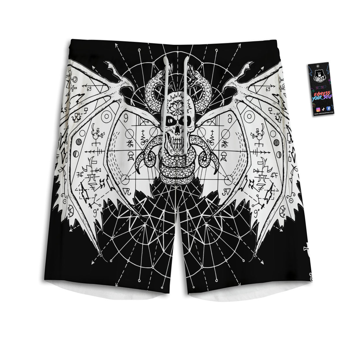 Wicca Devil Skull White And Black Print Men's Athletic Shorts