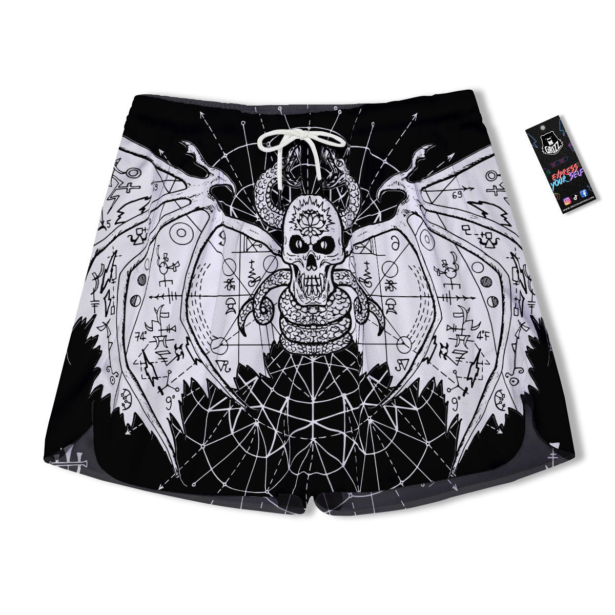 Wicca Devil Skull White And Black Print Men's Running Shorts-grizzshop