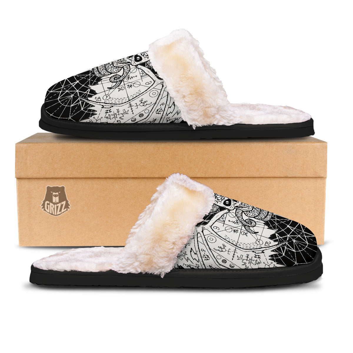 Wicca Devil Skull White And Black Print Slippers-grizzshop