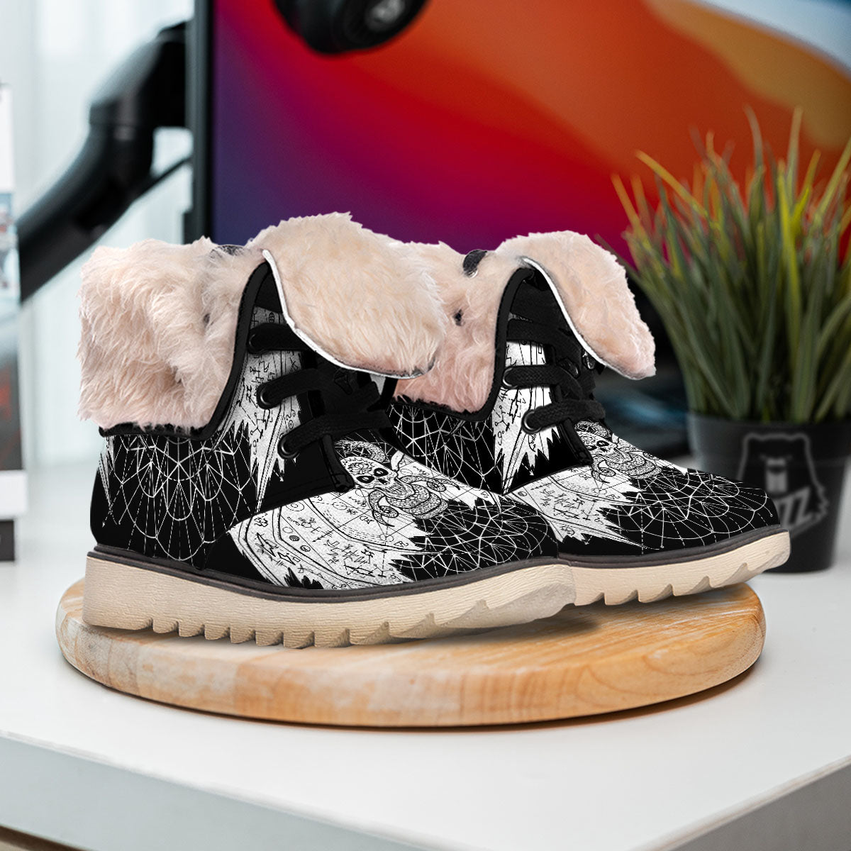 Wicca Devil Skull White And Black Print Snow Boots-grizzshop