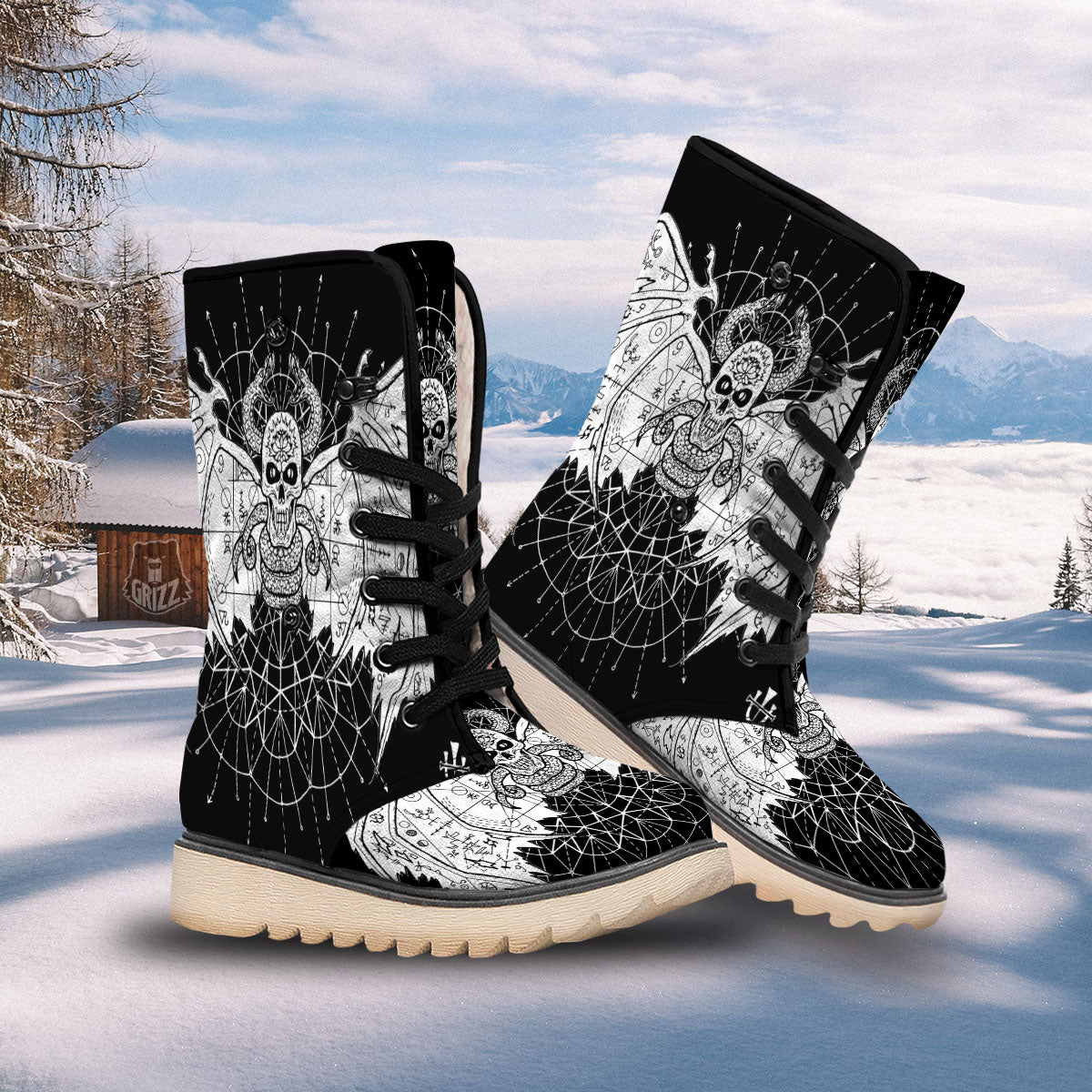 Wicca Devil Skull White And Black Print Snow Boots-grizzshop