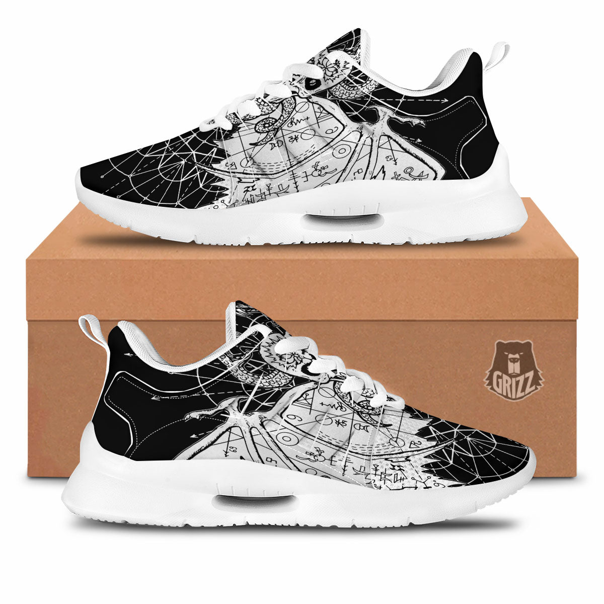 Wicca Devil Skull White And Black Print Tennis Shoes-grizzshop