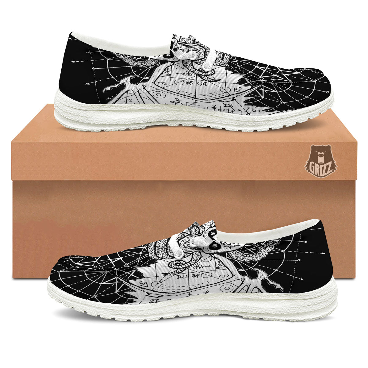 Wicca Devil Skull White And Black Print White Loafers-grizzshop