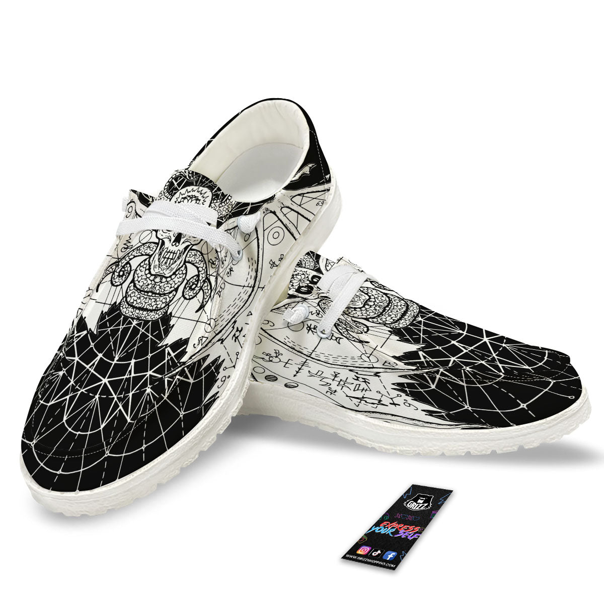 Wicca Devil Skull White And Black Print White Loafers-grizzshop