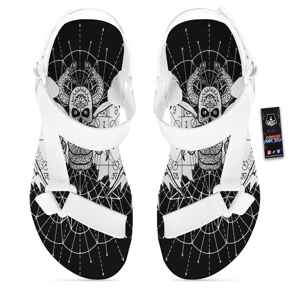 Wicca Devil Skull White And Black Print White Open Toe Sandals-grizzshop
