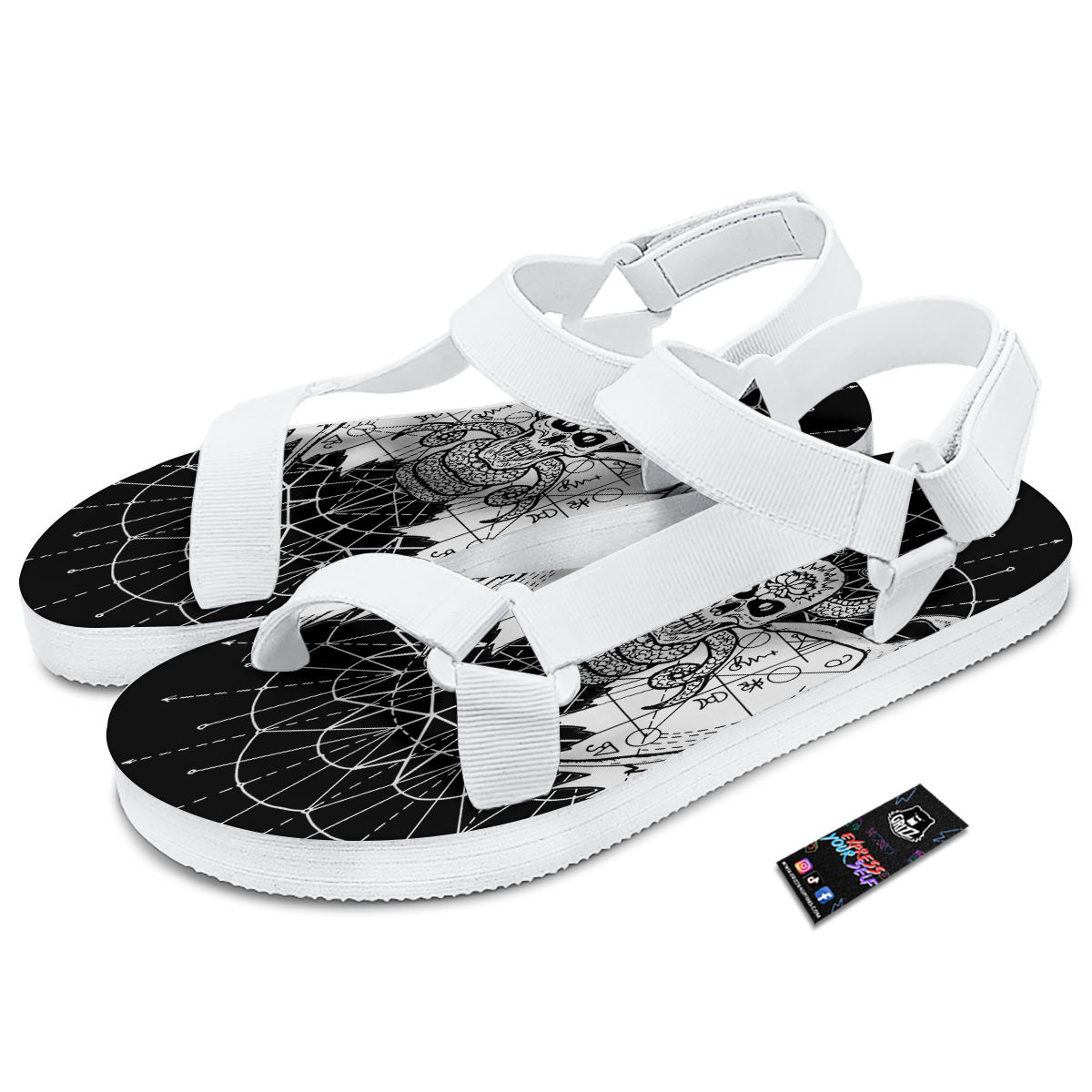 Wicca Devil Skull White And Black Print White Open Toe Sandals-grizzshop
