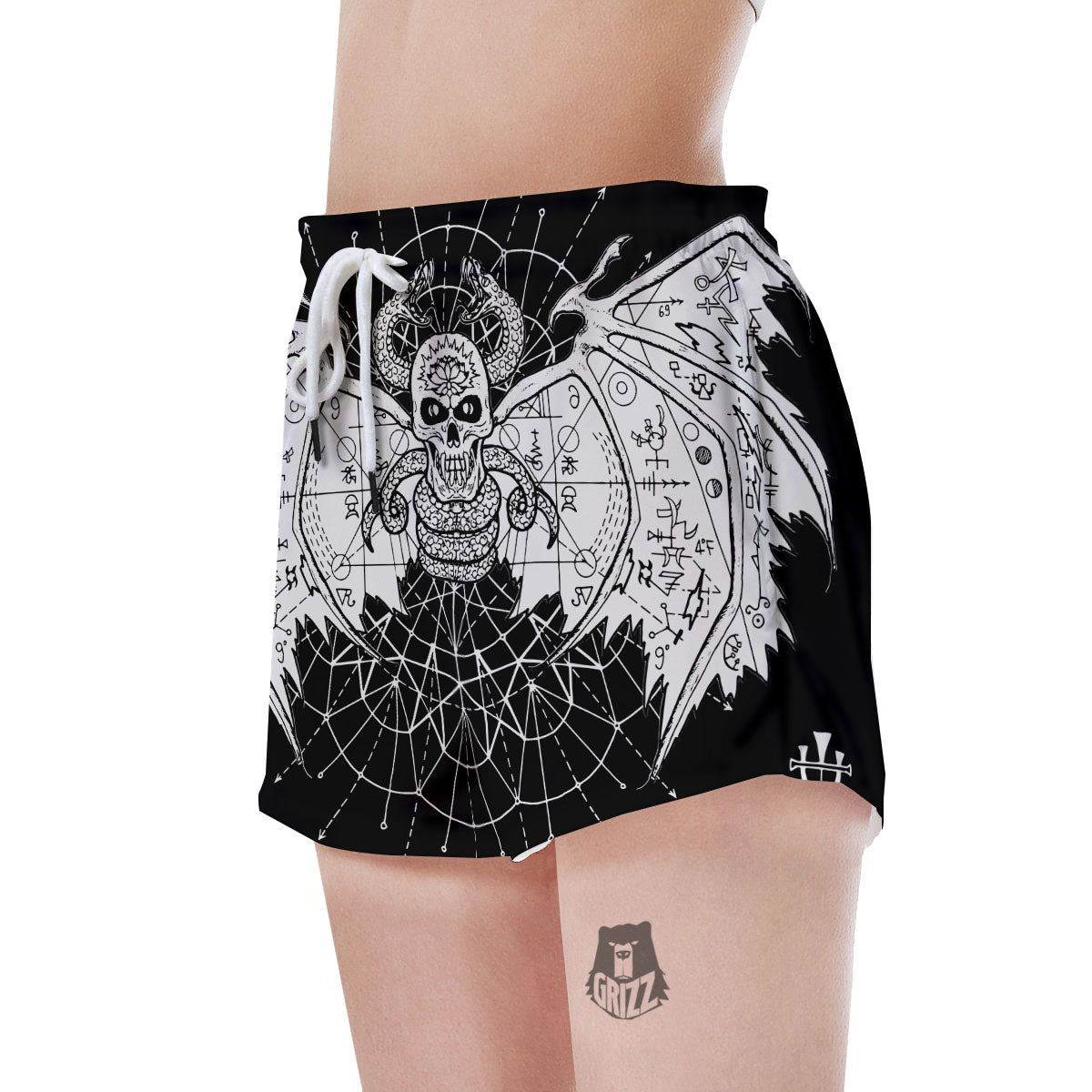 Wicca Devil Skull White And Black Print Women's Shorts-grizzshop