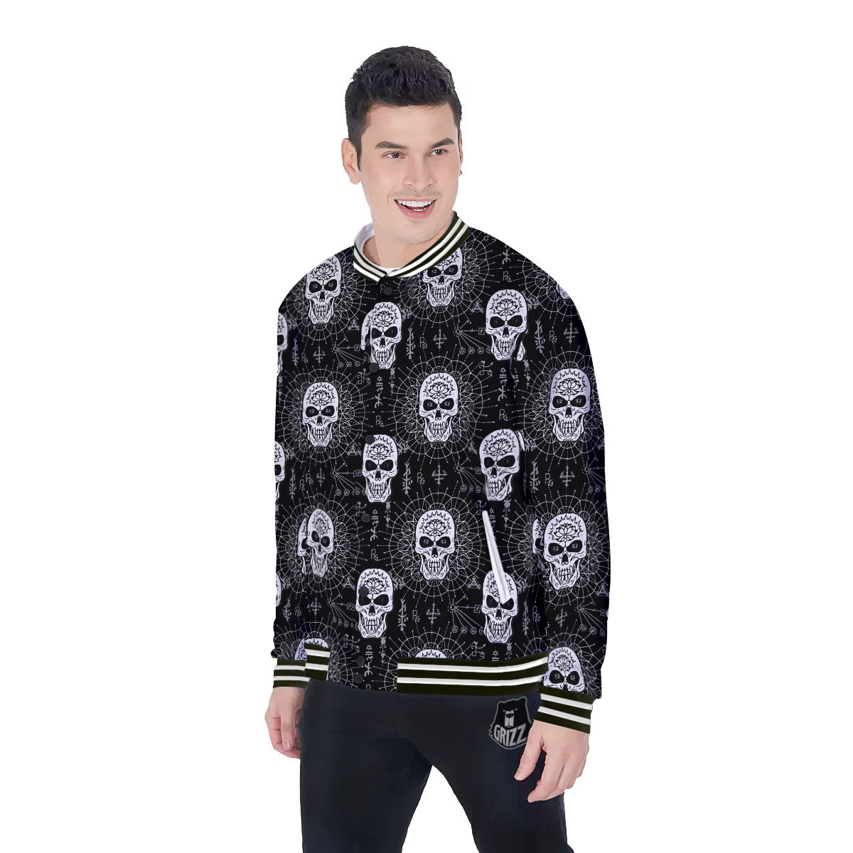 Wicca Evil Skull White And Black Print Baseball Jacket-grizzshop