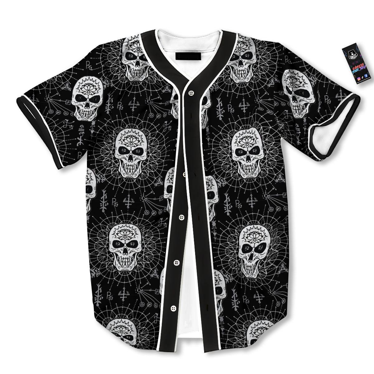 Wicca Evil Skull White And Black Print Baseball Jersey-grizzshop