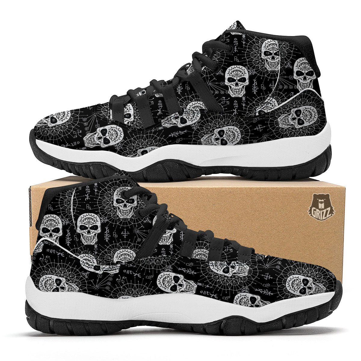 Wicca Evil Skull White And Black Print Black Bball Shoes-grizzshop