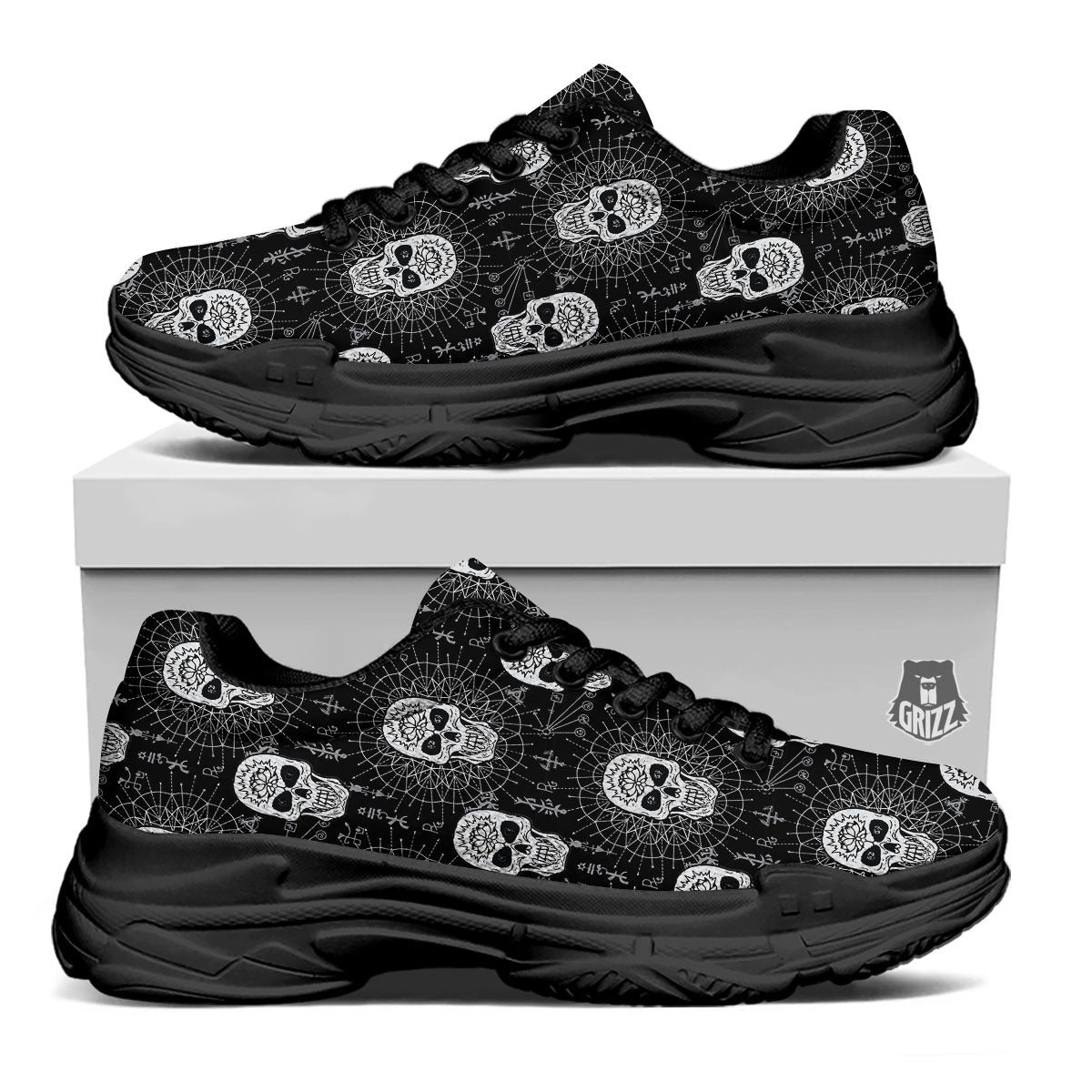 Wicca Evil Skull White And Black Print Black Chunky Shoes-grizzshop