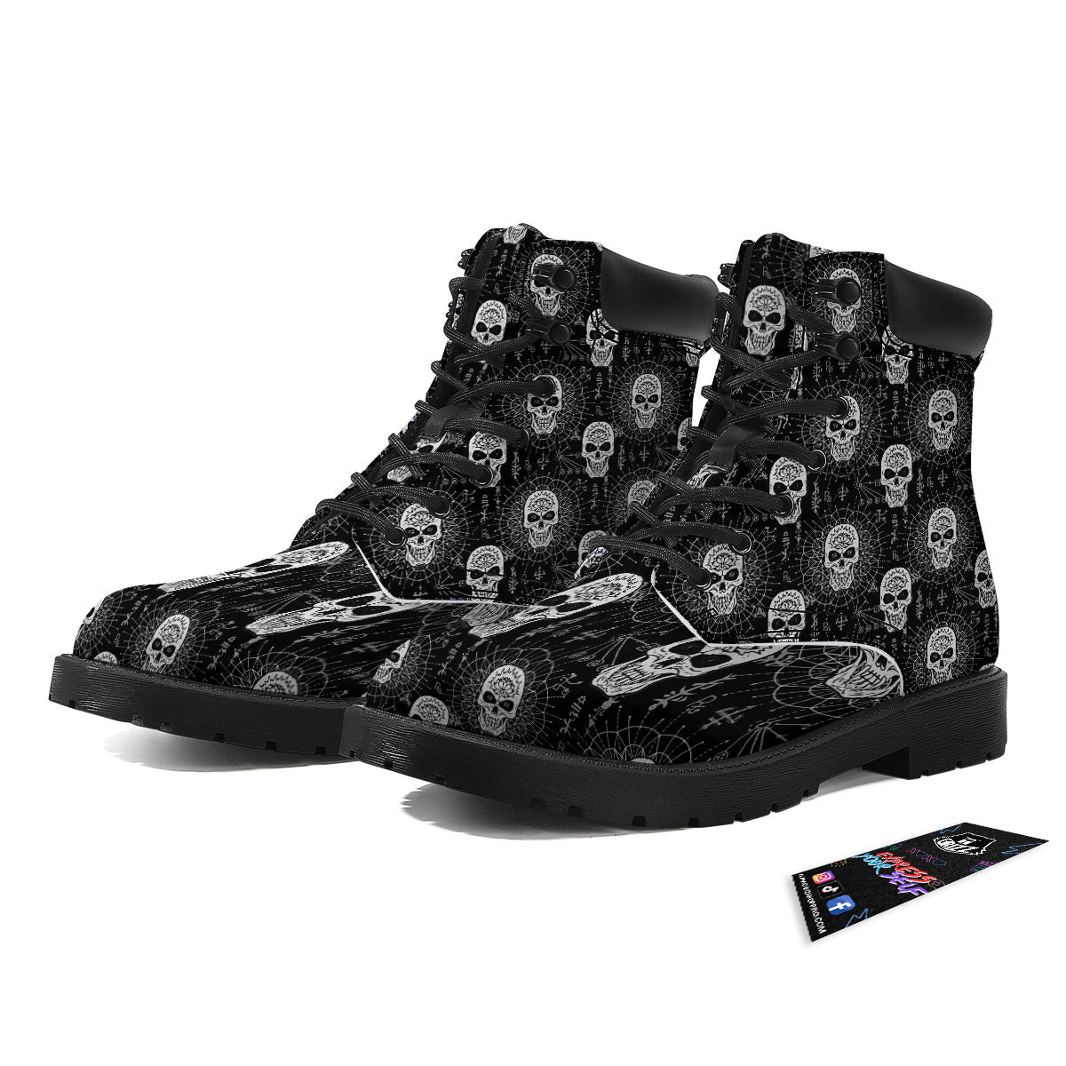 Wicca Evil Skull White And Black Print Boots-grizzshop
