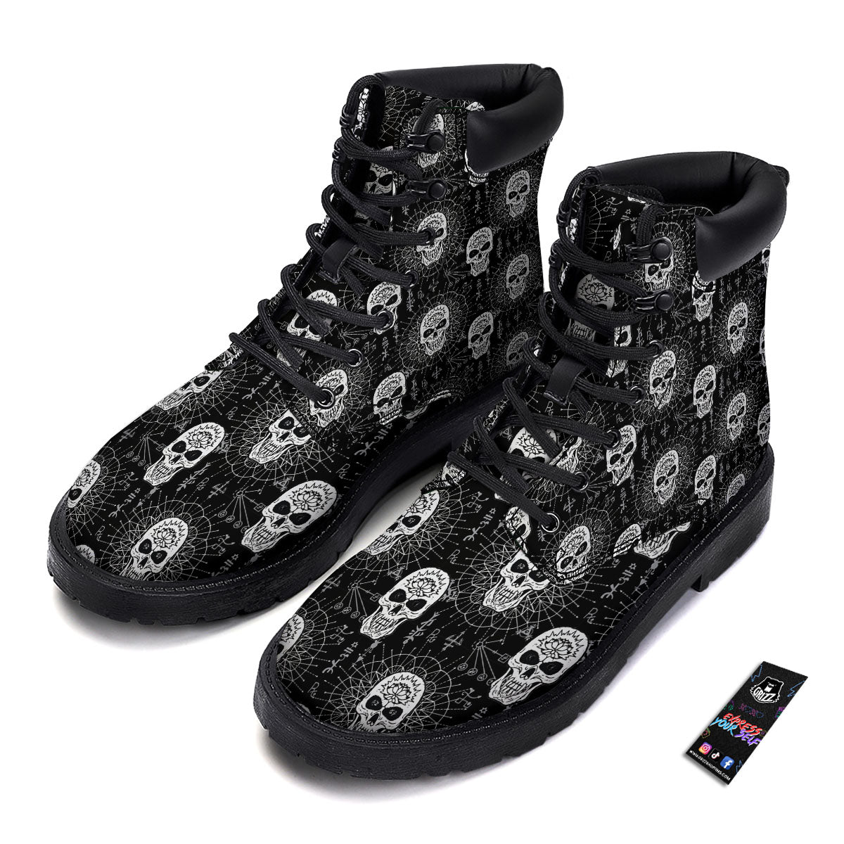 Wicca Evil Skull White And Black Print Boots-grizzshop