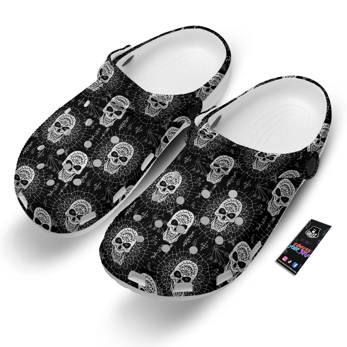 Wicca Evil Skull White And Black Print Clog-grizzshop
