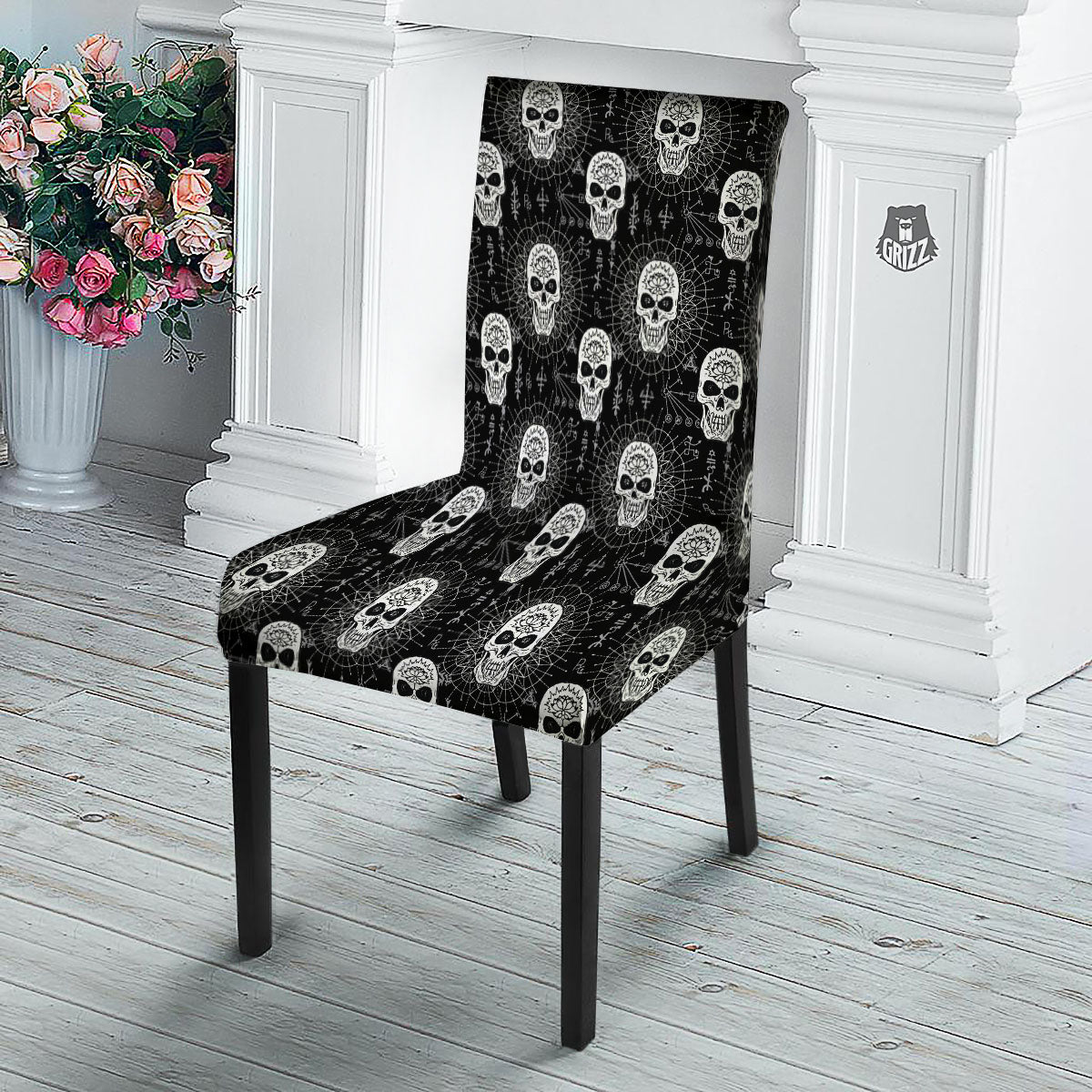 Wicca Evil Skull White And Black Print Dining Chair Slipcover-grizzshop