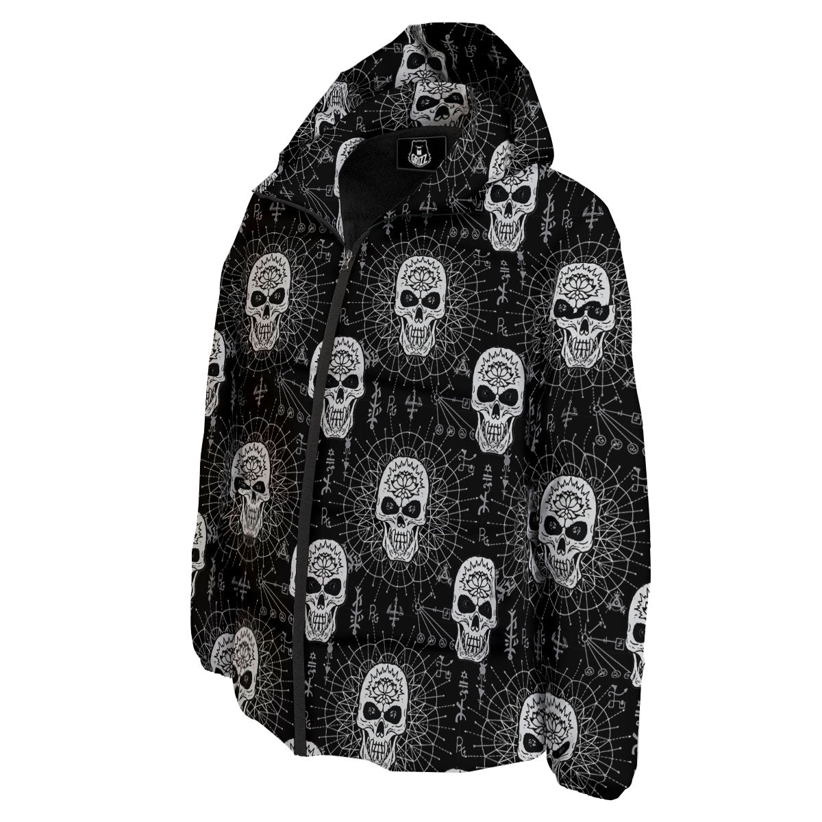 Wicca Evil Skull White And Black Print Down Jacket-grizzshop