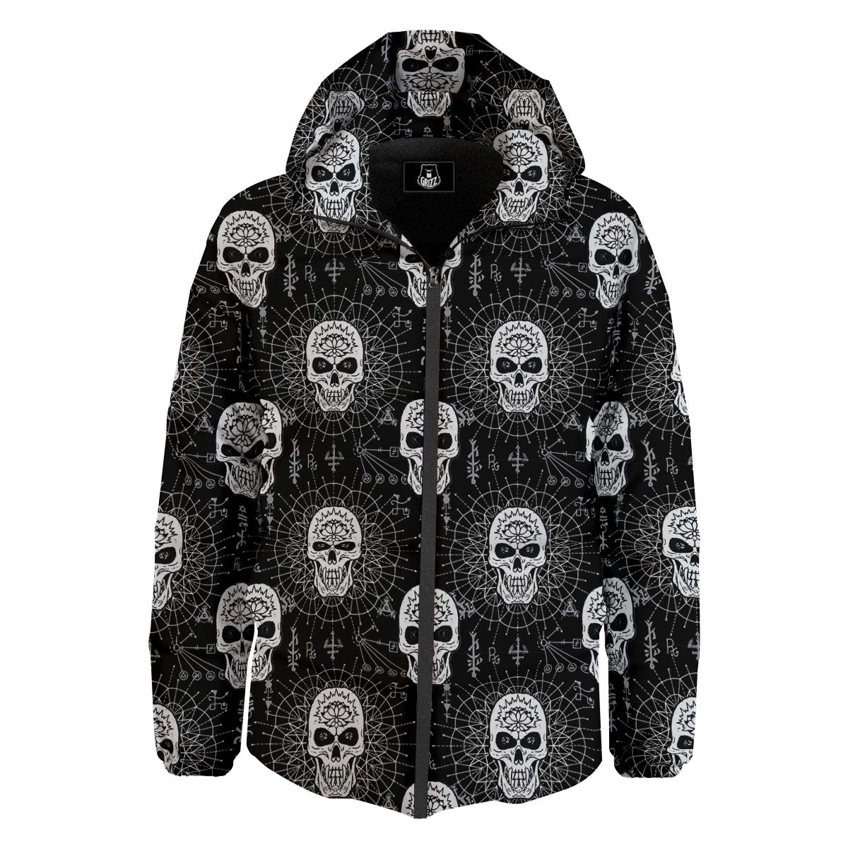 Wicca Evil Skull White And Black Print Down Jacket-grizzshop