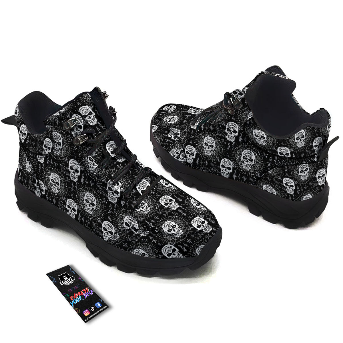 Wicca Evil Skull White And Black Print Hiking Shoes-grizzshop