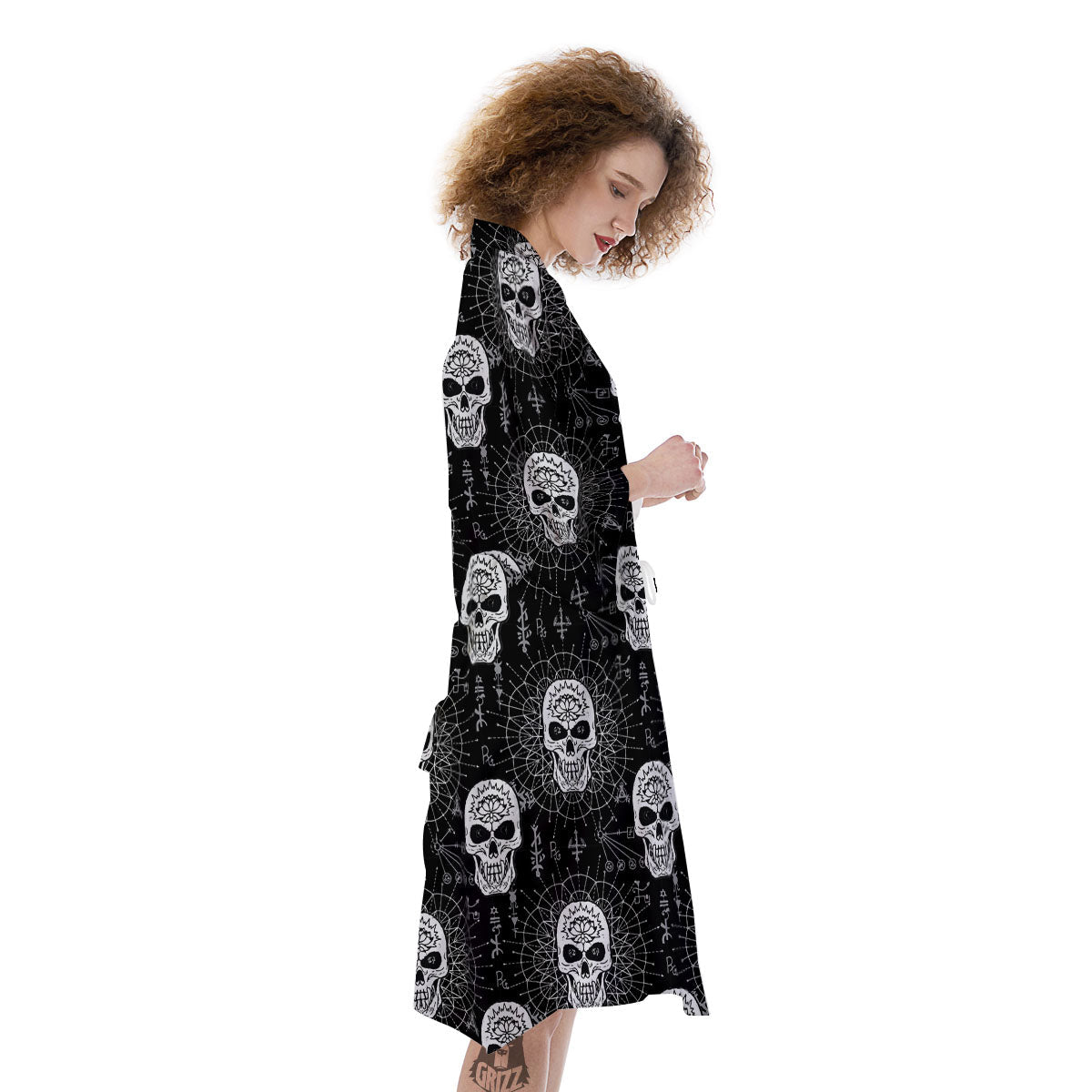 Wicca Evil Skull White And Black Print Kimono-grizzshop