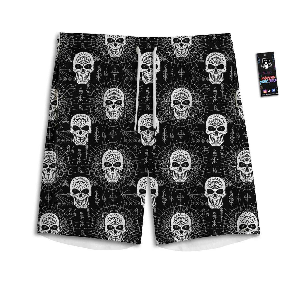 Wicca Evil Skull White And Black Print Men's Athletic Shorts