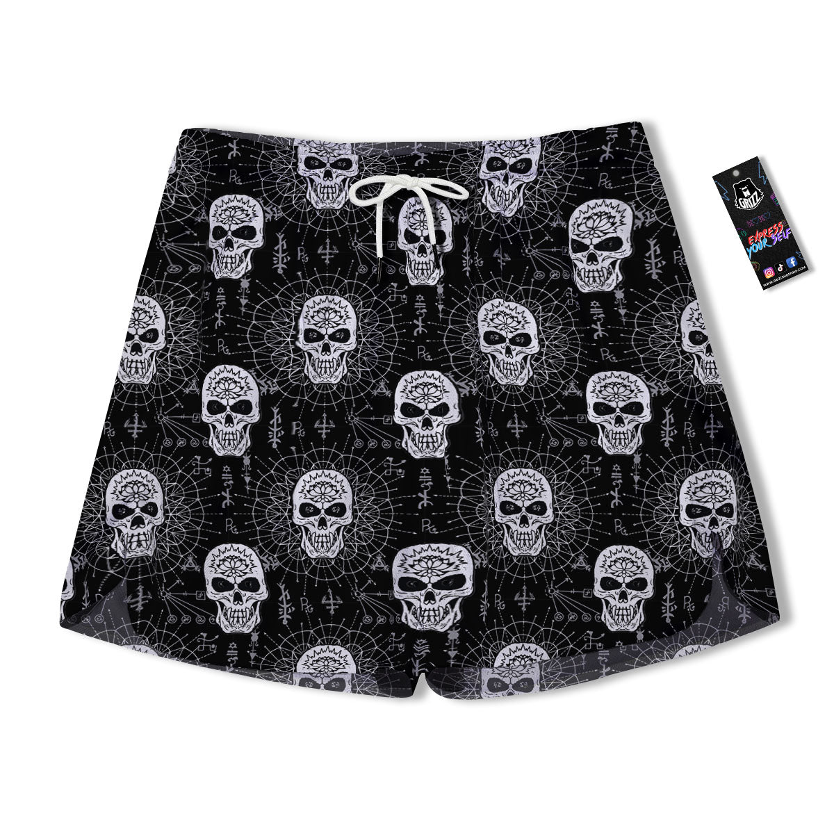 Wicca Evil Skull White And Black Print Men's Running Shorts-grizzshop