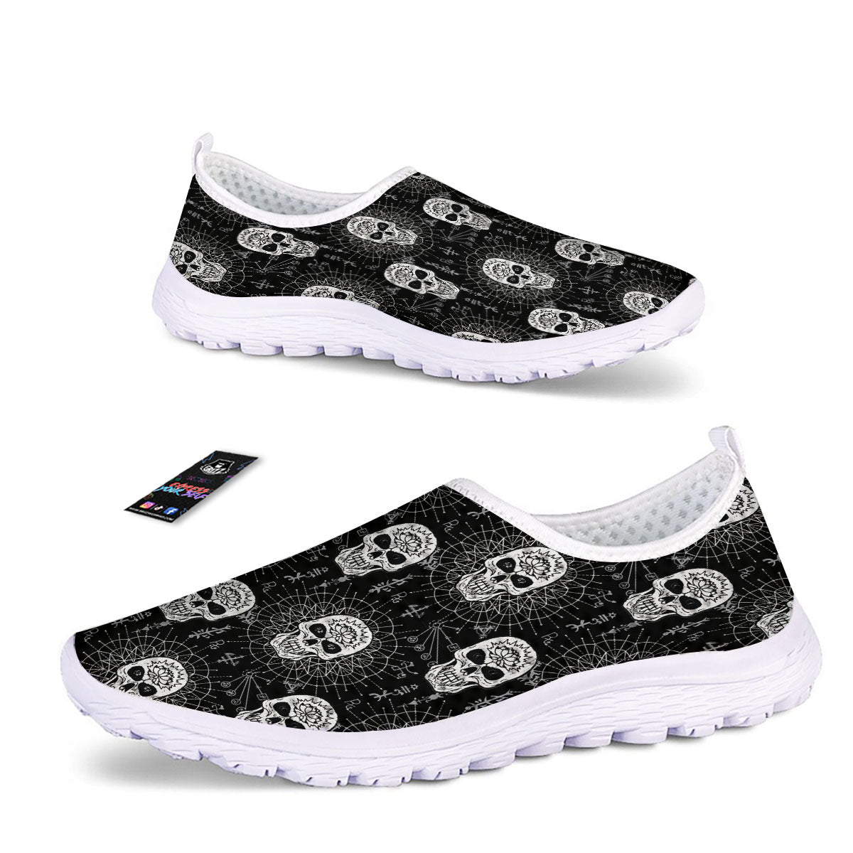 Wicca Evil Skull White And Black Print Nurse Shoes-grizzshop