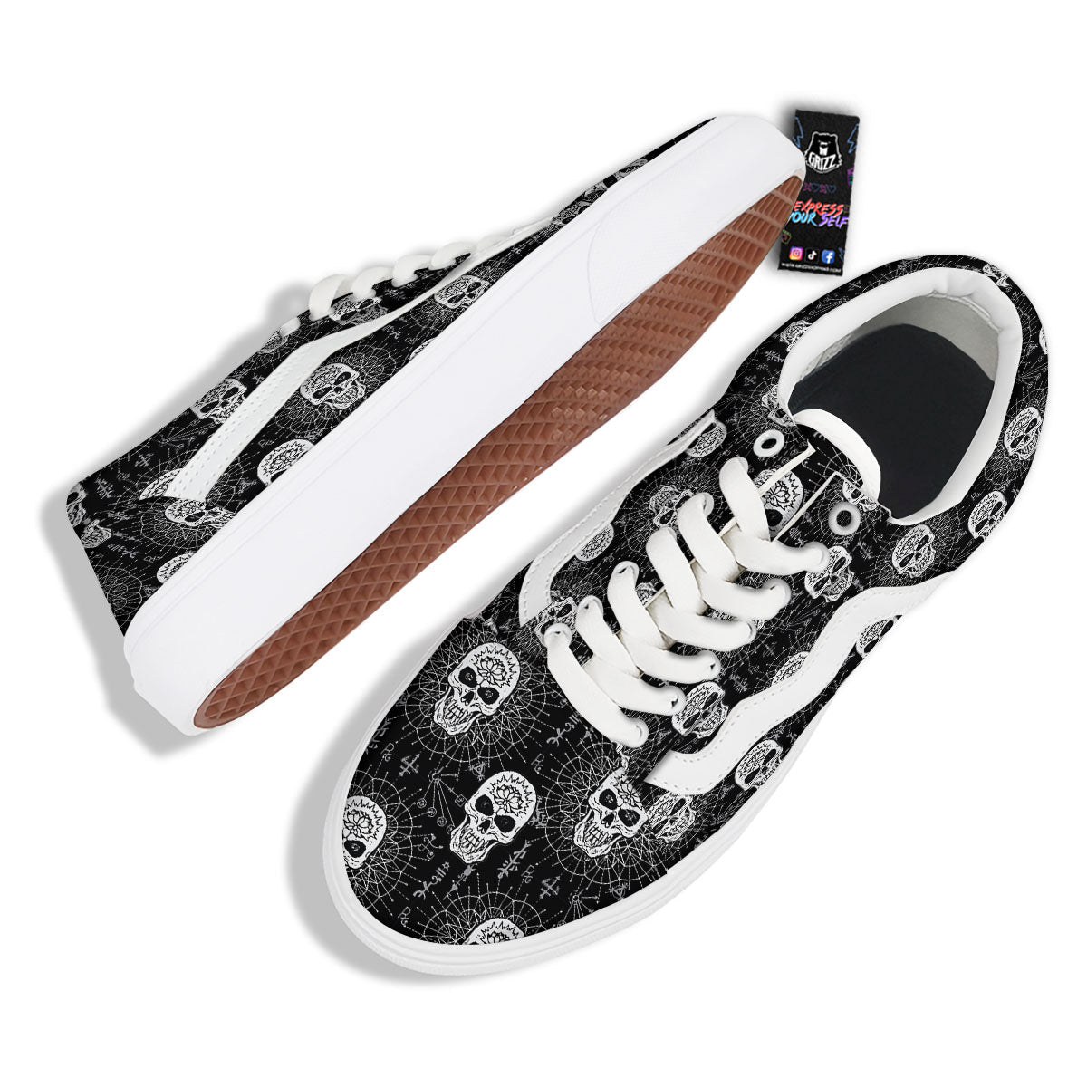 Wicca Evil Skull White And Black Print Skate Shoes-grizzshop