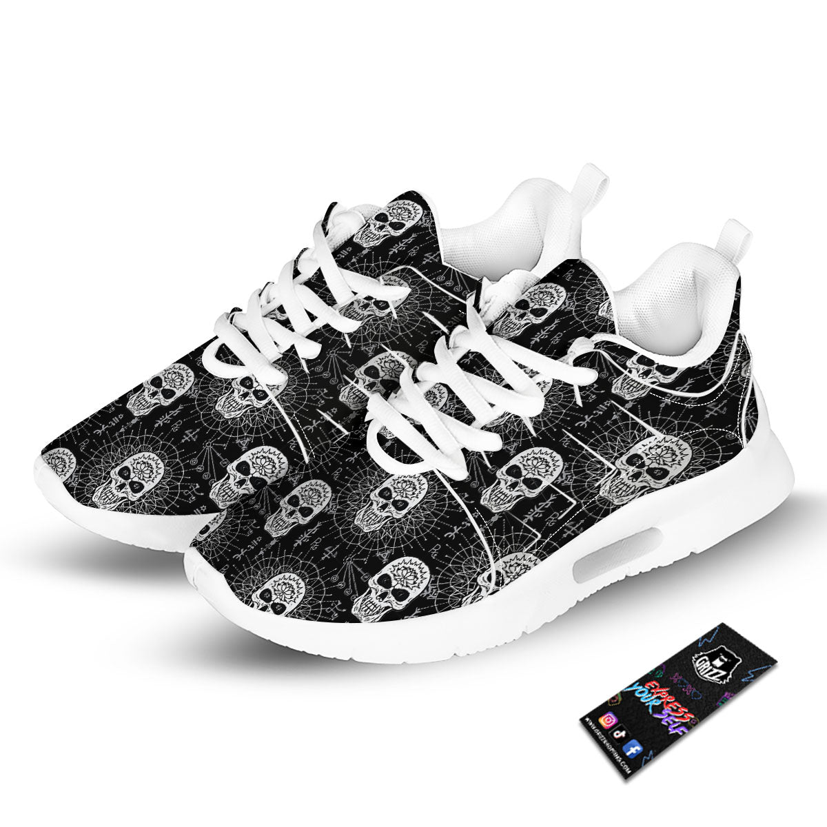 Wicca Evil Skull White And Black Print Tennis Shoes-grizzshop