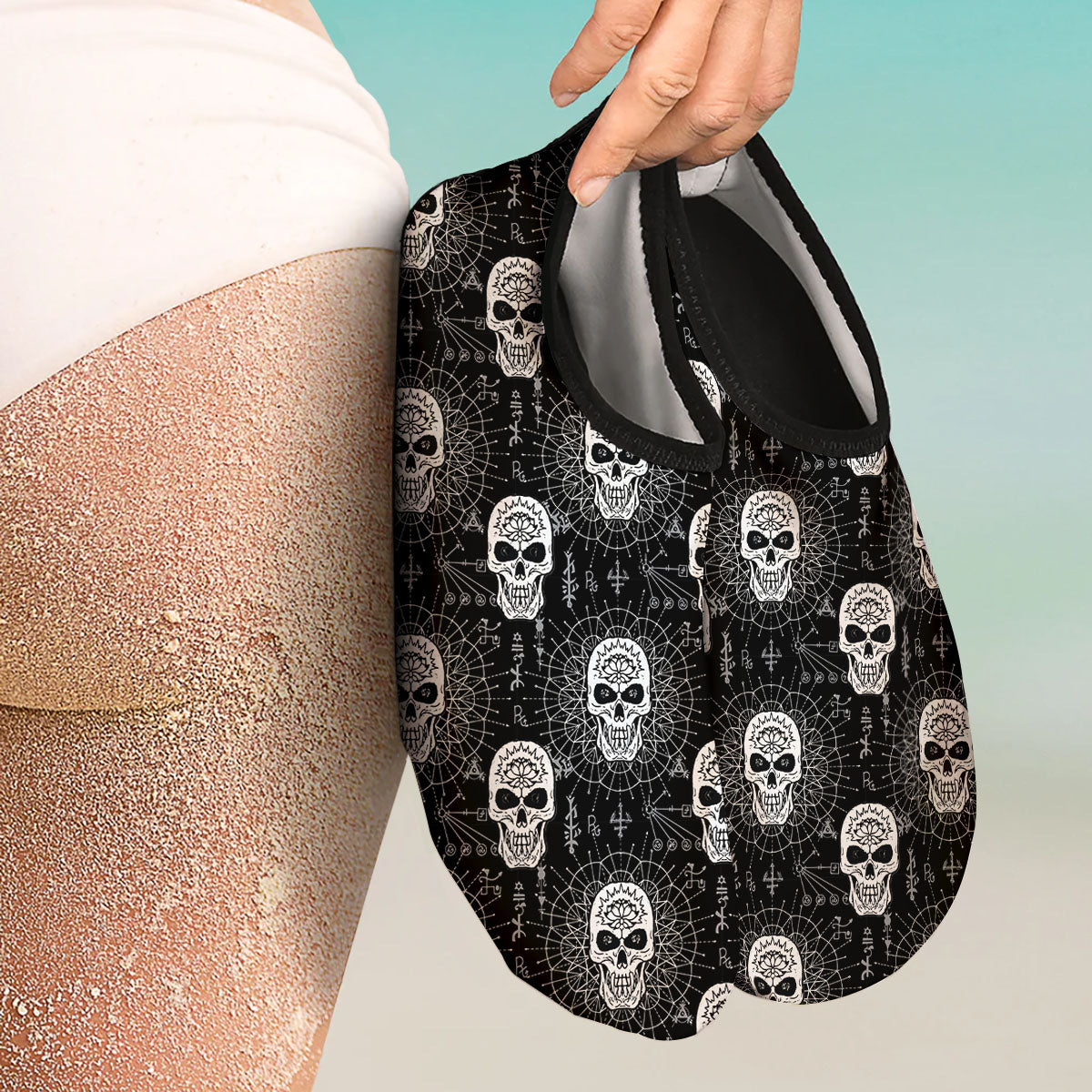 Wicca Evil Skull White And Black Print Water Shoes-grizzshop