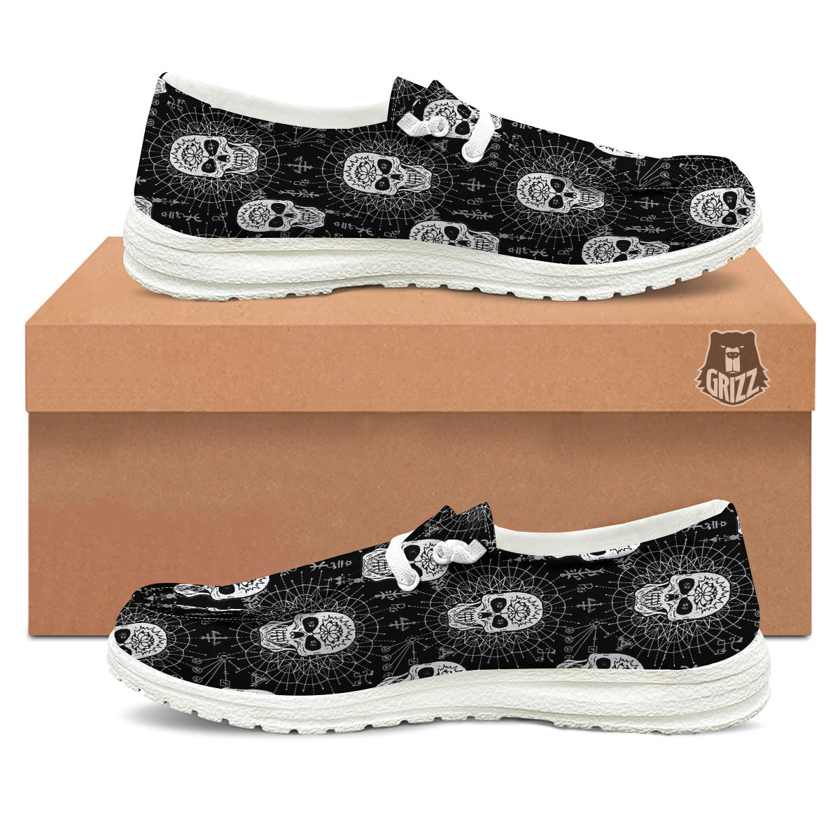 Wicca Evil Skull White And Black Print White Loafers-grizzshop