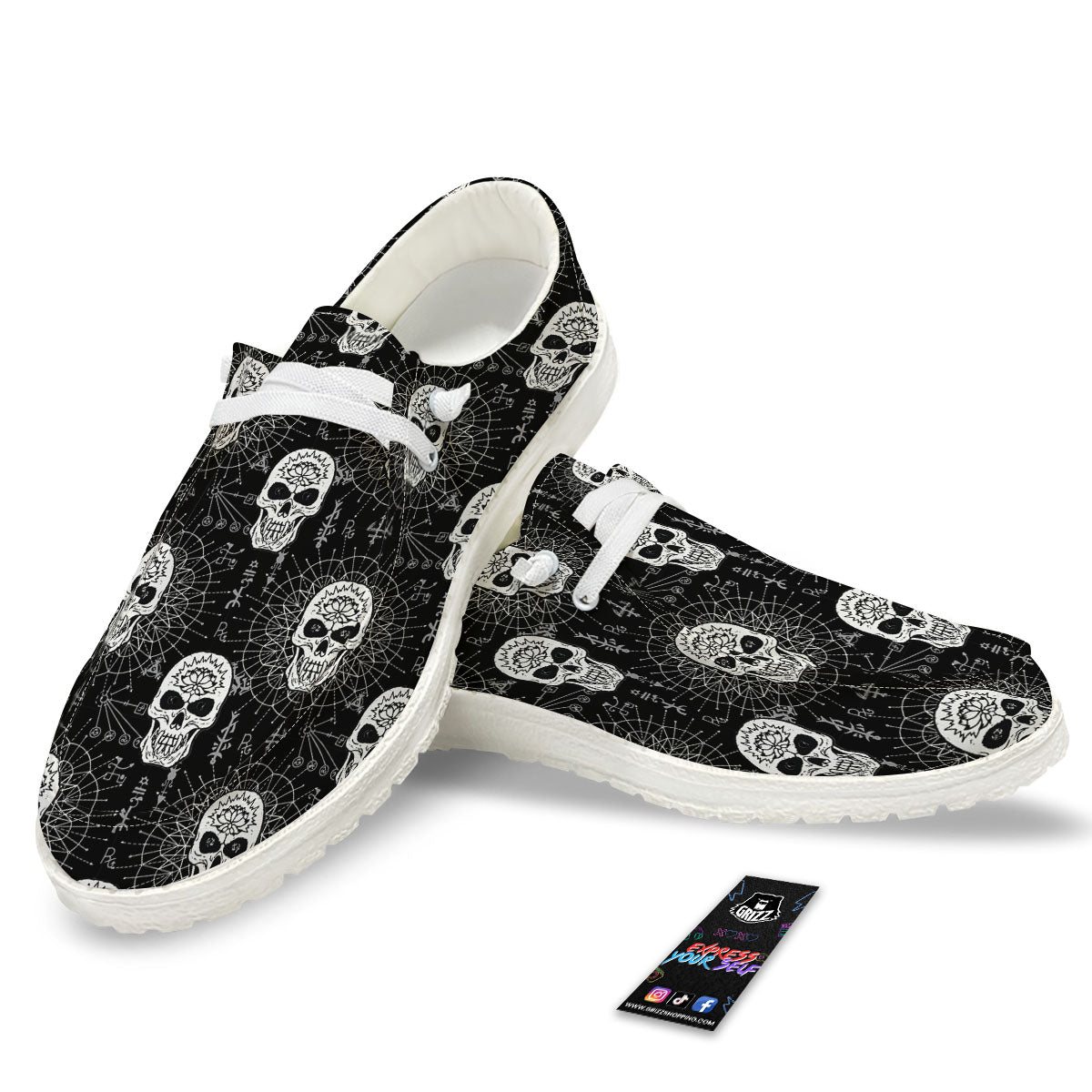 Wicca Evil Skull White And Black Print White Loafers-grizzshop