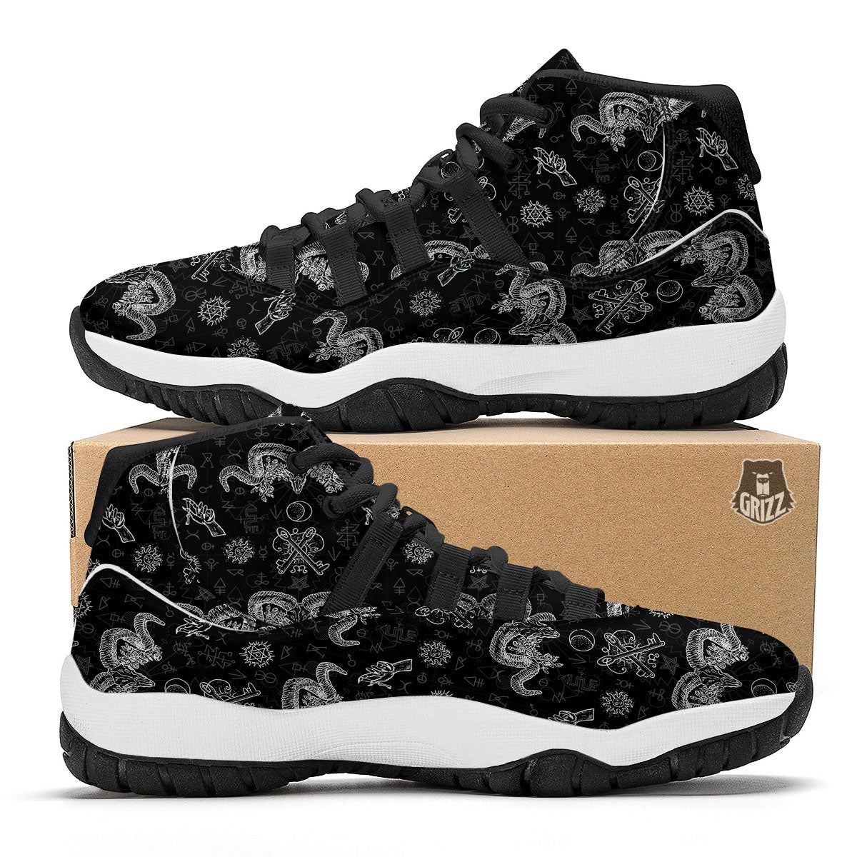 Wicca Gothic White And Black Print Black Bball Shoes-grizzshop