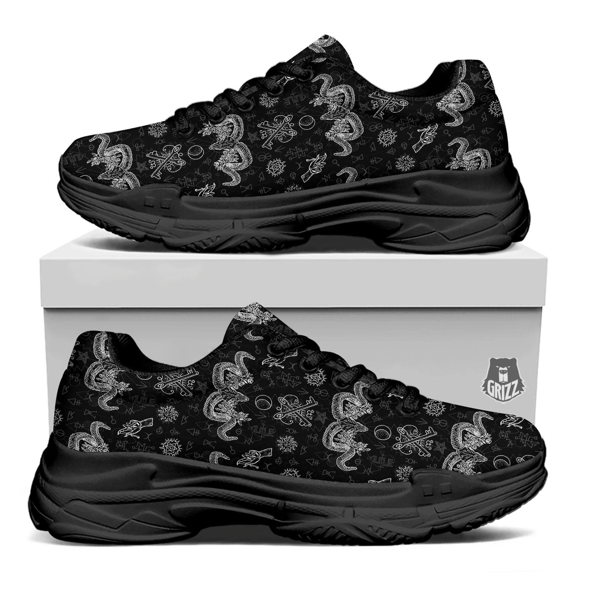 Wicca Gothic White And Black Print Black Chunky Shoes-grizzshop