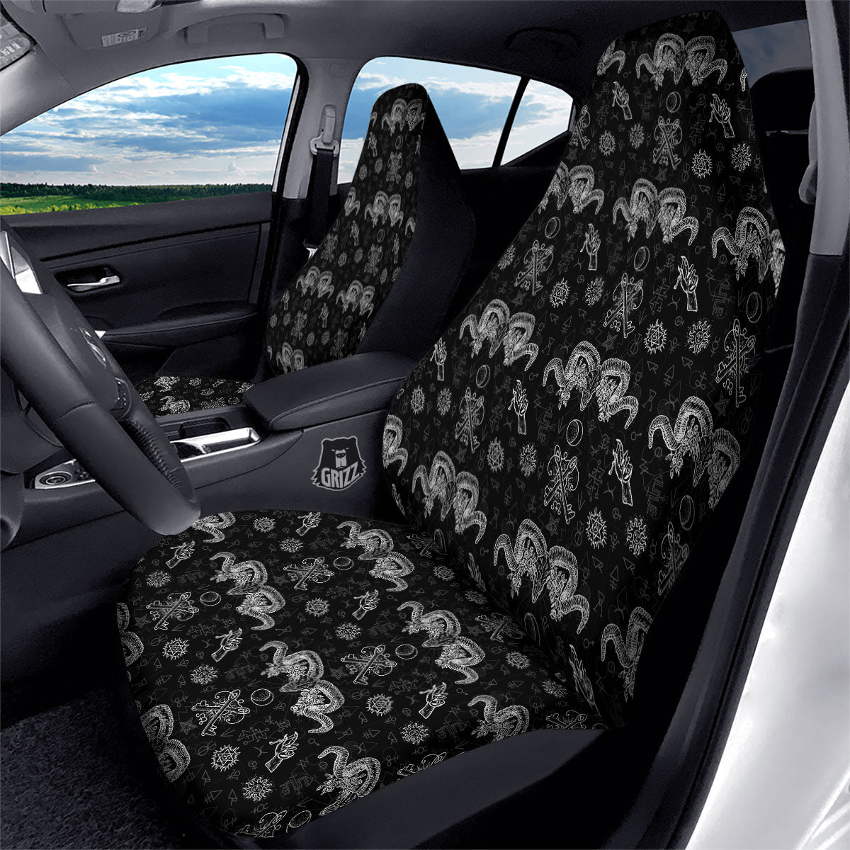 Wicca Gothic White And Black Print Car Seat Covers-grizzshop