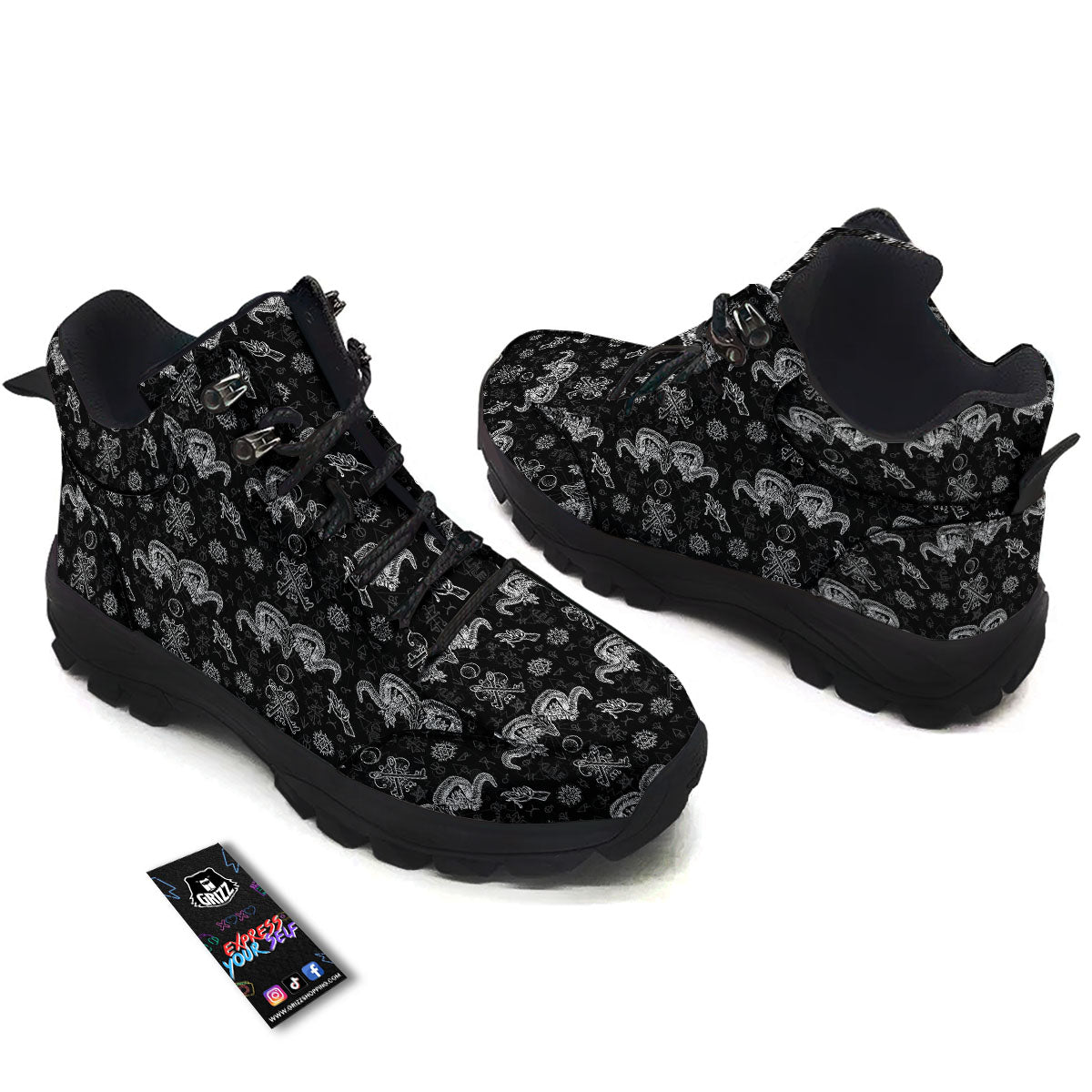 Wicca Gothic White And Black Print Hiking Shoes-grizzshop