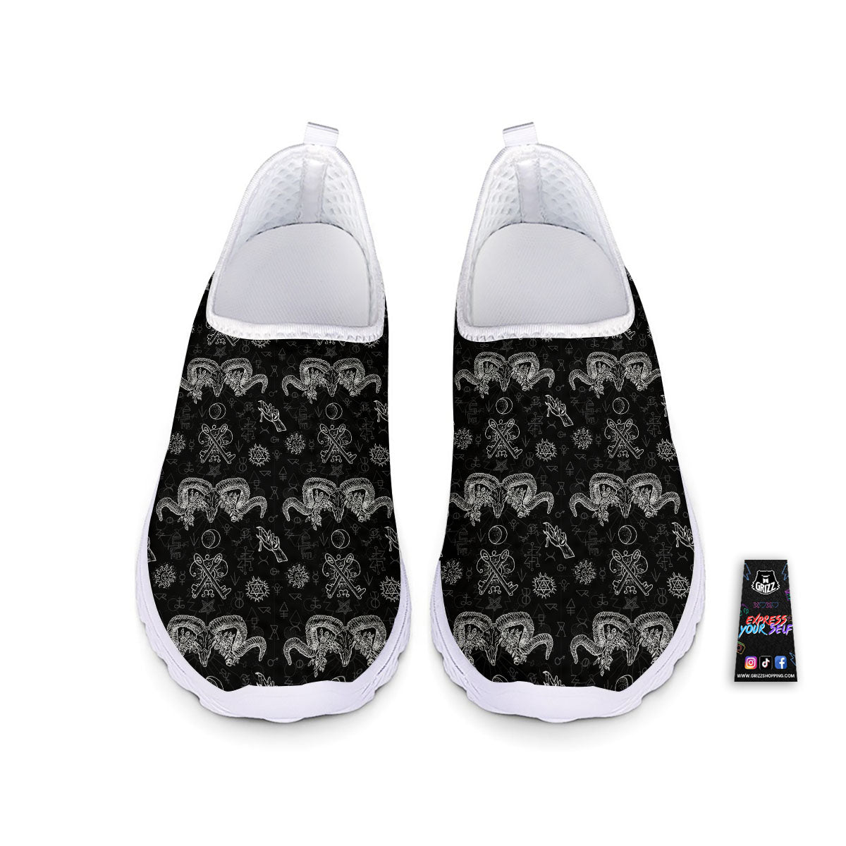 Wicca Gothic White And Black Print Nurse Shoes-grizzshop