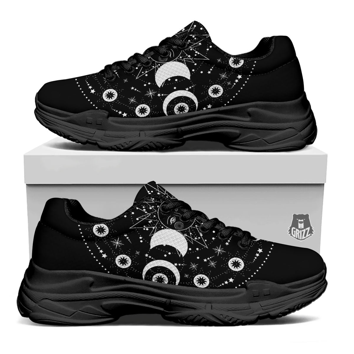 Wicca Magical White And Black Print Black Chunky Shoes-grizzshop