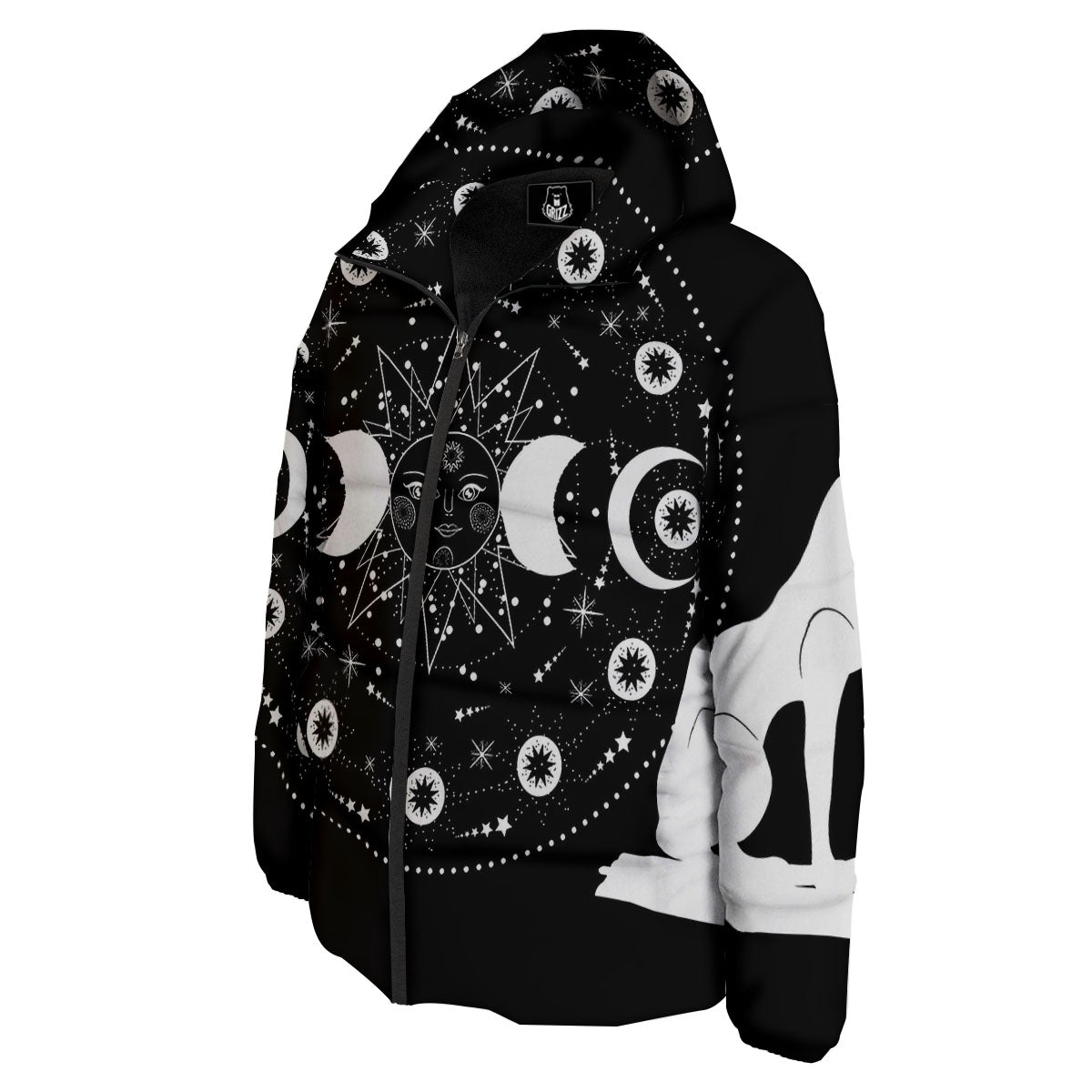 Wicca Magical White And Black Print Down Jacket-grizzshop