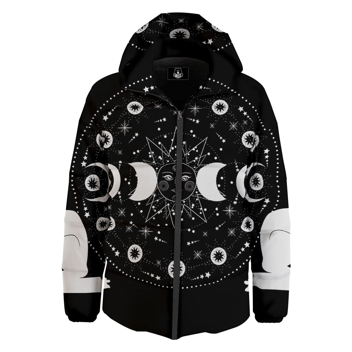 Wicca Magical White And Black Print Down Jacket-grizzshop