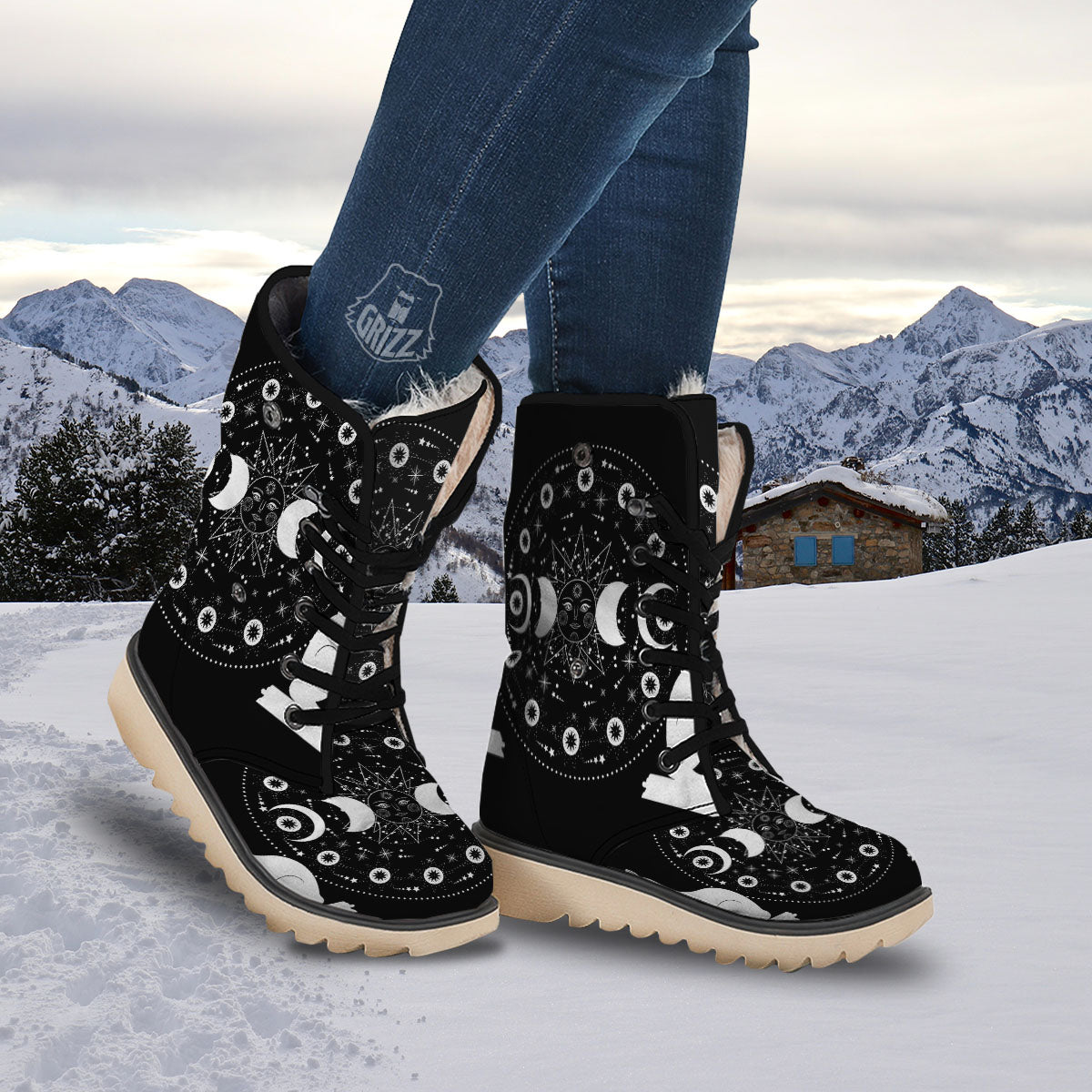 Wicca Magical White And Black Print Snow Boots-grizzshop