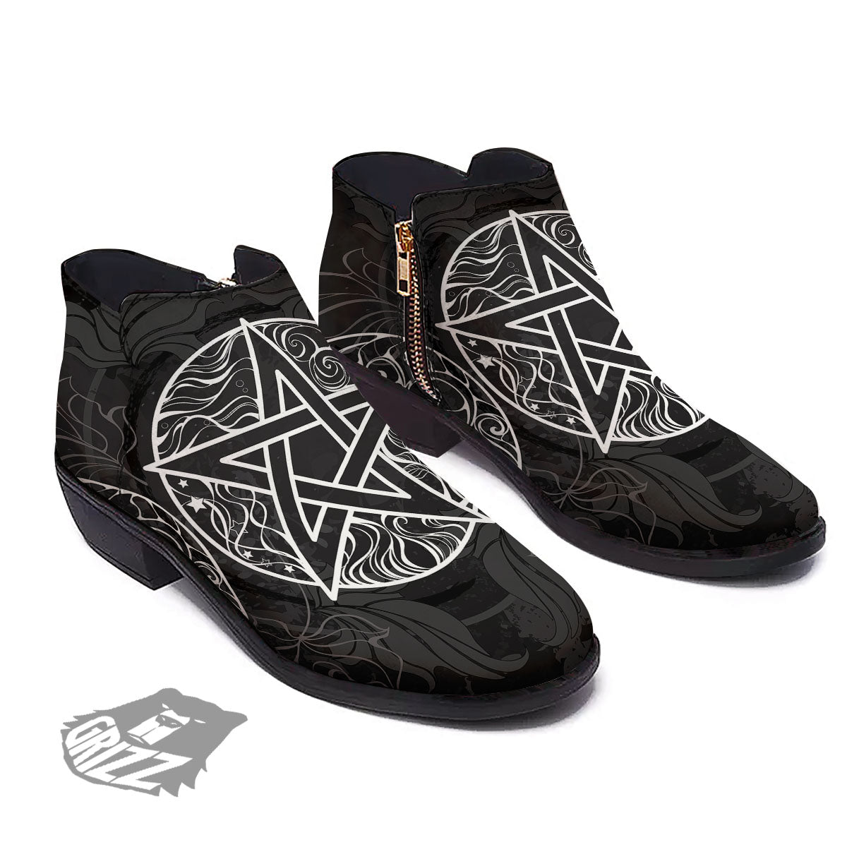 Wicca Pentagram White And Black Print Ankle Boots-grizzshop