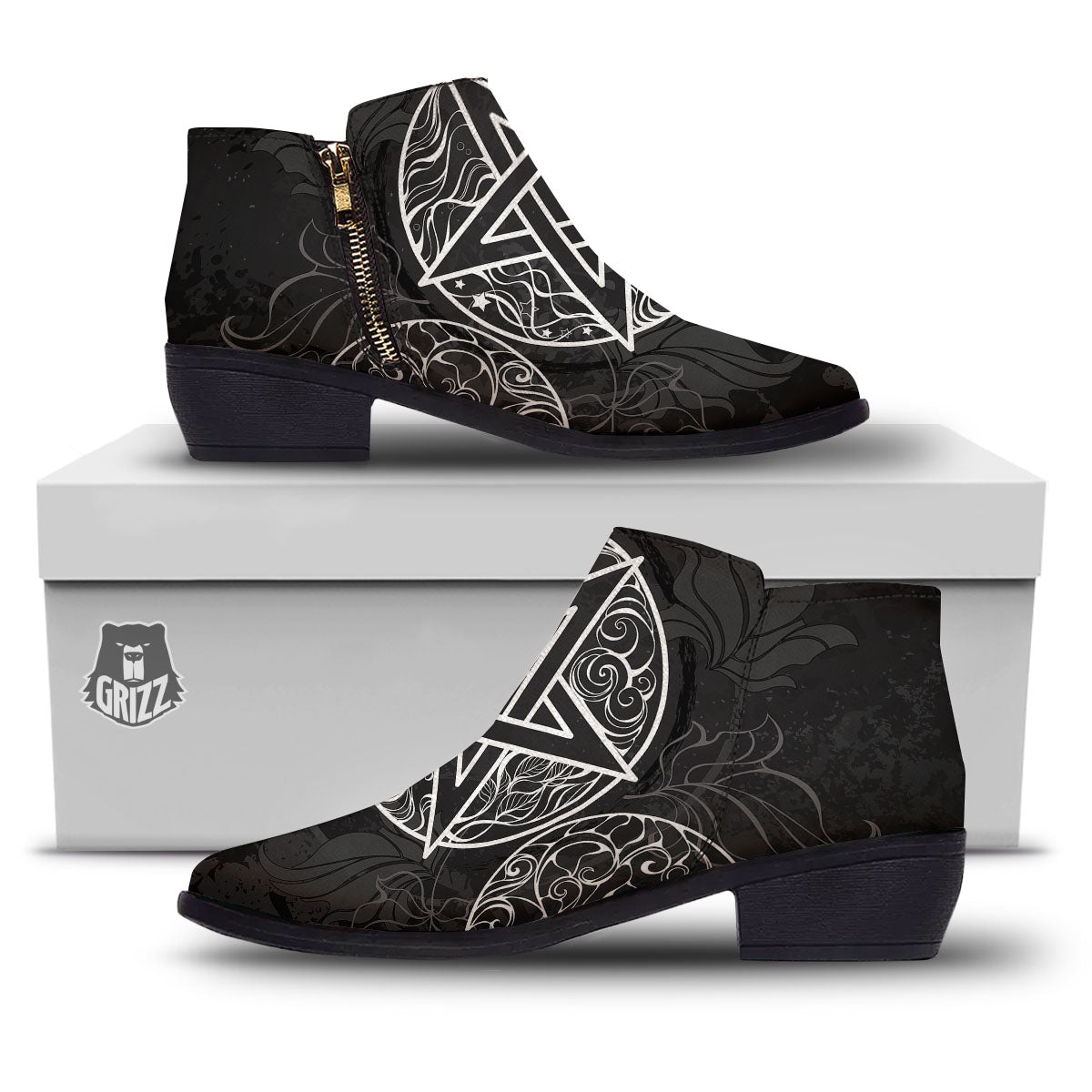 Wicca Pentagram White And Black Print Ankle Boots-grizzshop