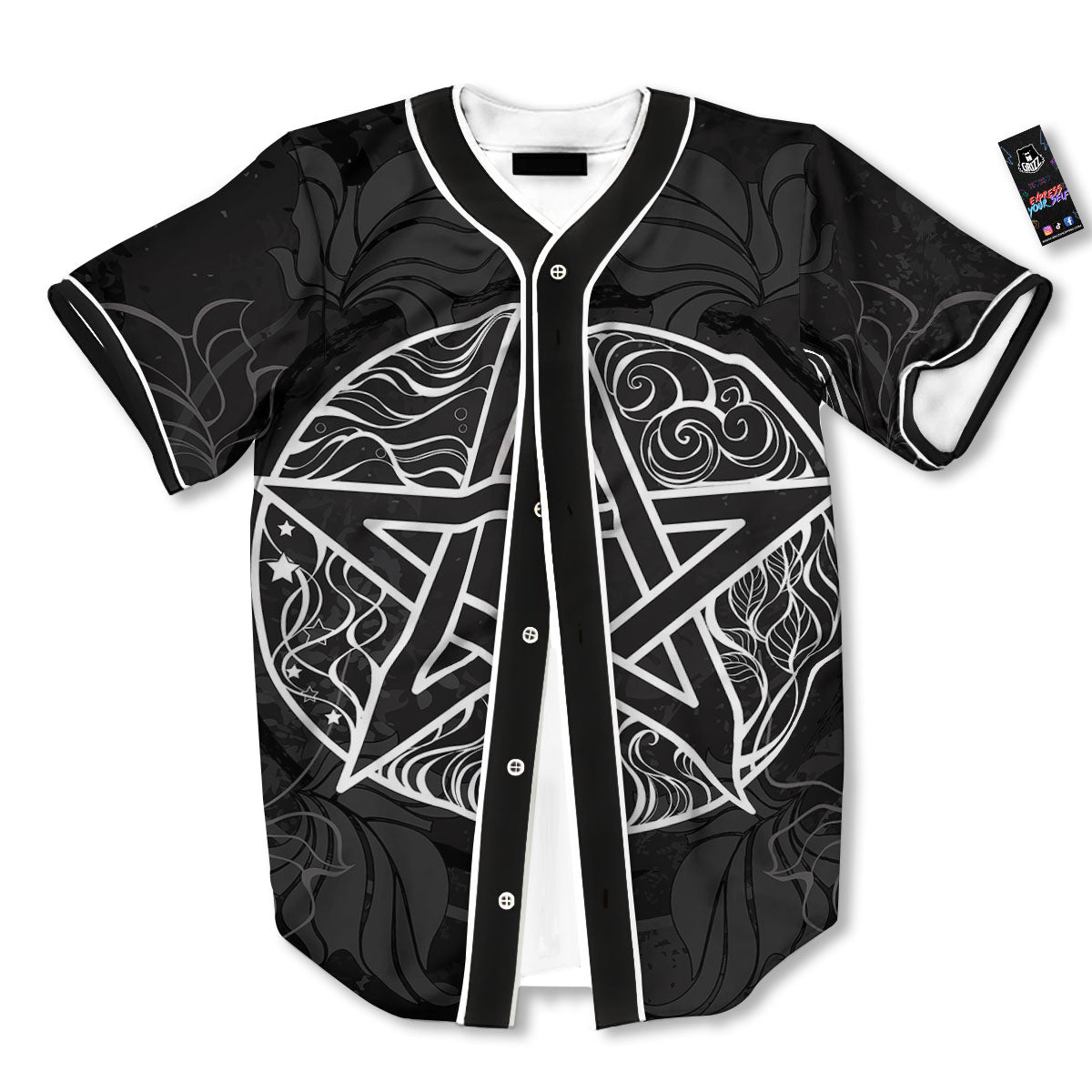 Wicca Pentagram White And Black Print Baseball Jersey-grizzshop