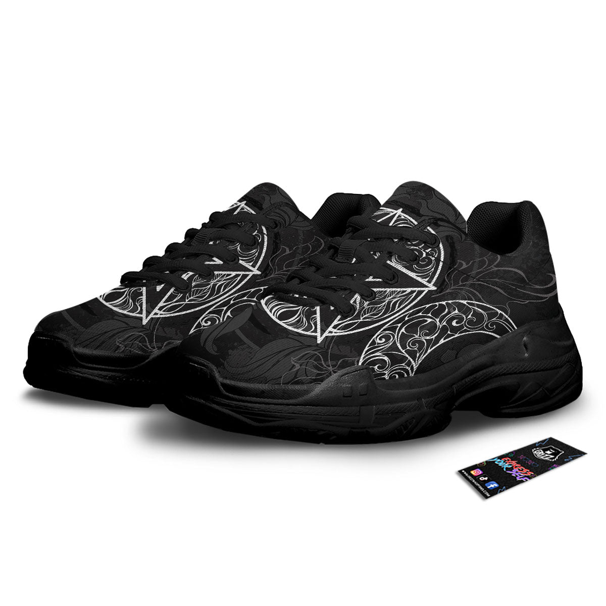 Wicca Pentagram White And Black Print Black Chunky Shoes-grizzshop
